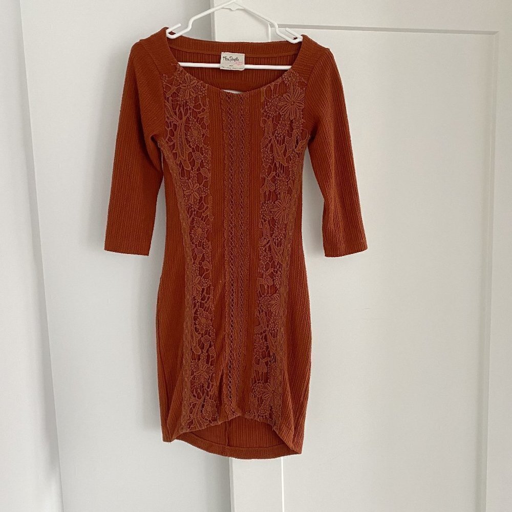 Free People Burnt Orange Open Back Lace Long Sleeve Boho Mini Dress